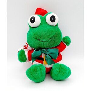 Vintage Christmas Santa Frog Plush Green Red Holiday Stuffed Animal 9"